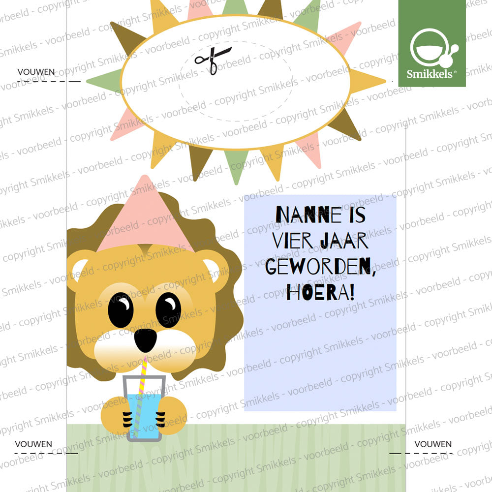 Printable knijpfruitwikkel jarig leeuwtje
