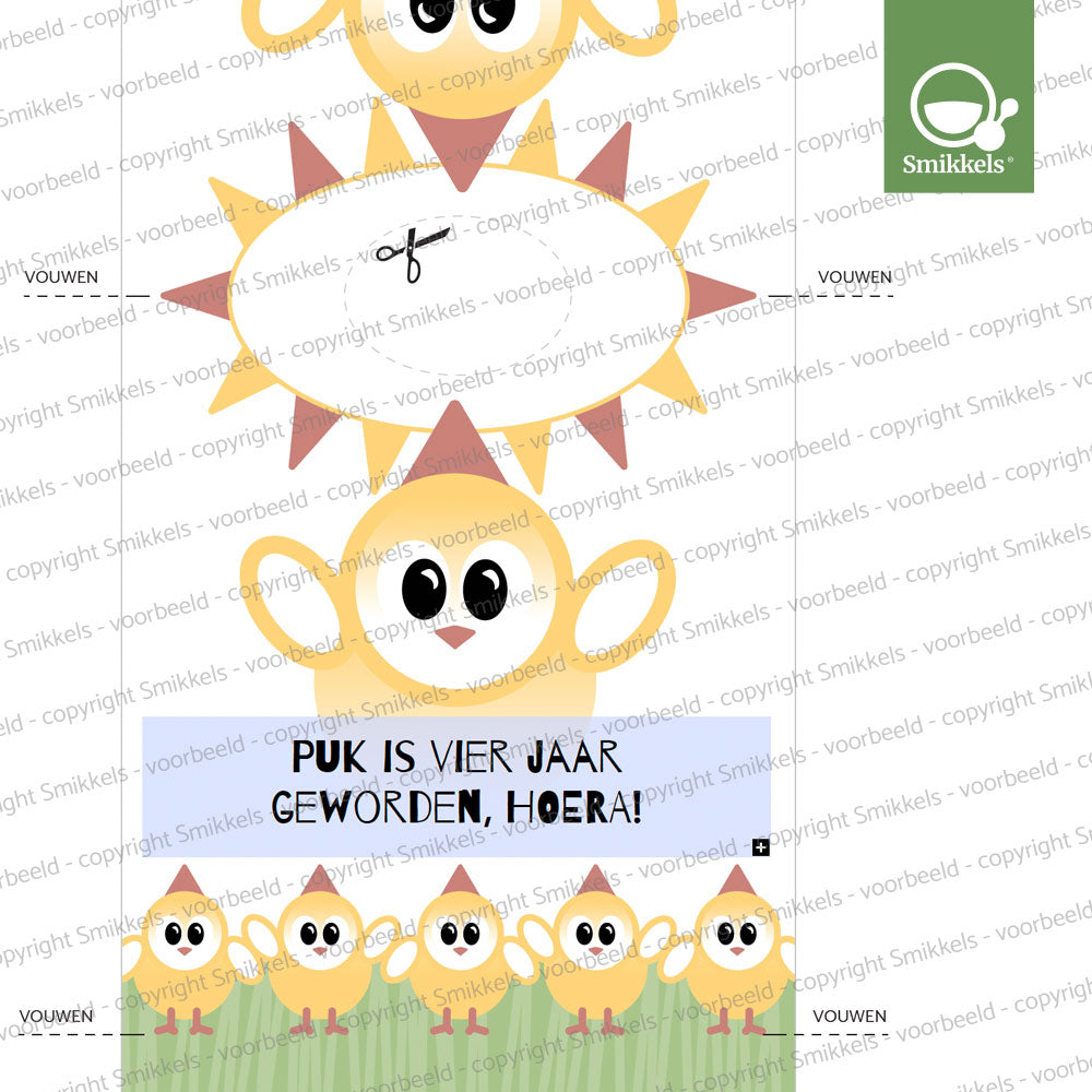 Printable knijpfruitwikkel jarig kuikentje