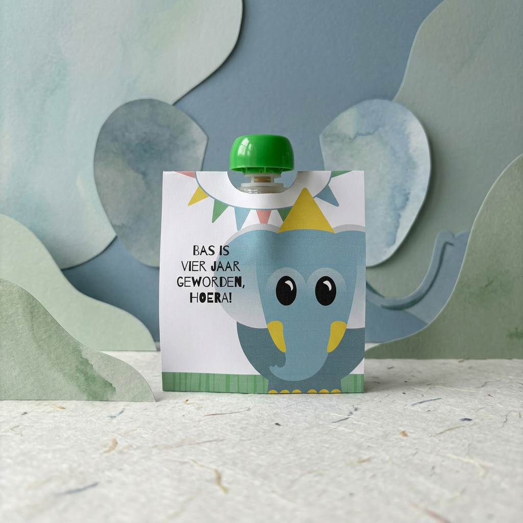 Printable knijpfruit wikkel jarige olifant