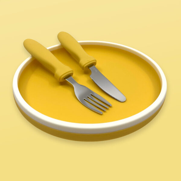 siliconen kinderbord geel mes en vork